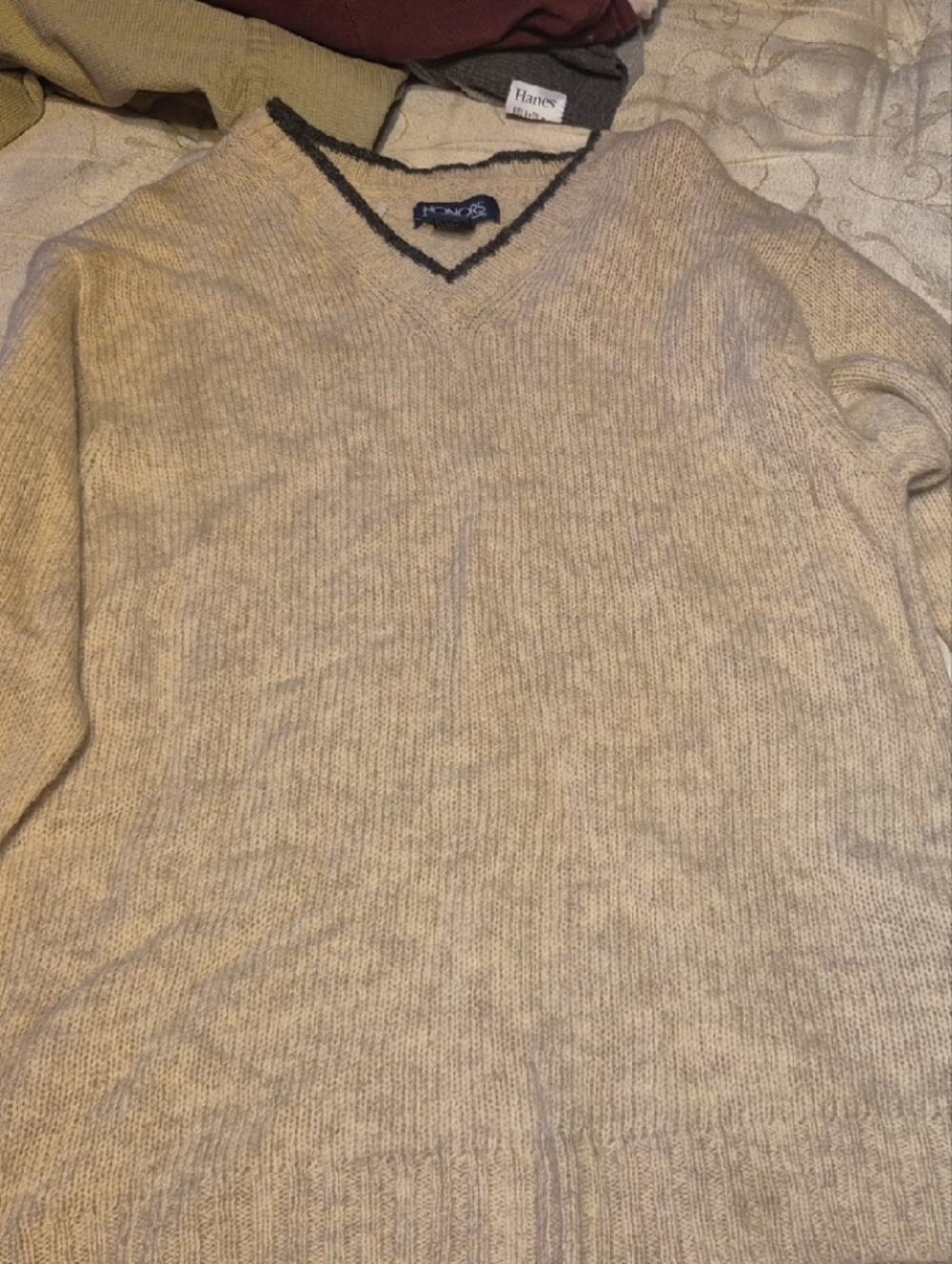 Classic Men's V-Neck Sweater in Tan with Contrast Trim